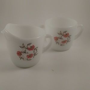 Vintage Pink Flowered Milk Glass Creamer & Sugar